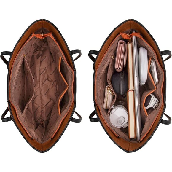 Women Amber Brown Imported Vegan Leather Medium Top Handle Satchel Tote Bags - Picture 5 of 6